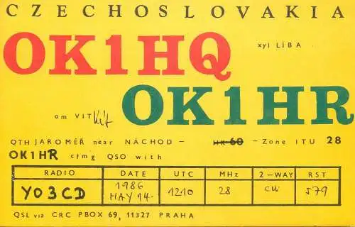 QSL Card Czechoslovakia Radio Amateur Station OK1HQ OK1HR Y03CD 1986