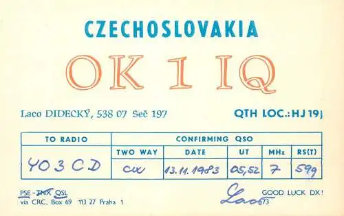 QSL Card Czechoslovakia Radio Amateur Station OK1IQ Y03CD 1983 Laco Didecky