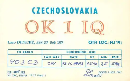 QSL Card Czechoslovakia Radio Amateur Station OK1IQ Y03CD 1983 Laco Didecky