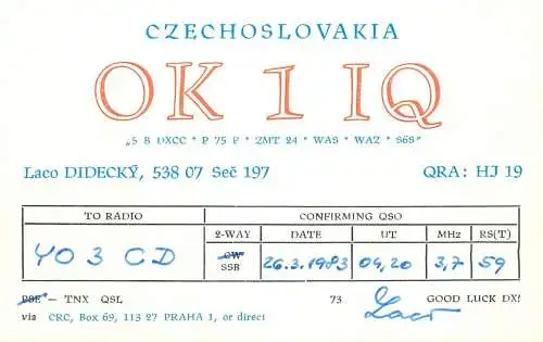 QSL Card Czechoslovakia Radio Amateur Station OK1IQ Y03CD 1983 Laco Didecky