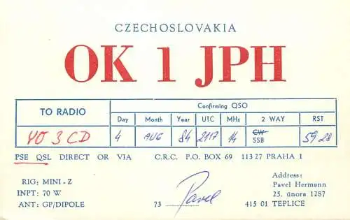QSL Card Czechoslovakia Radio Amateur Station OK1JPH Y03CD 1984 Pavel Hermann