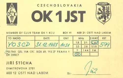 QSL Card Czechoslovakia Radio Amateur Station OK1JSTY03CD 1983 Jiri Sticha