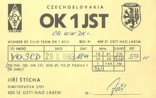 QSL Card Czechoslovakia Radio Amateur Station OK1JSTY03CD 1983 Jiri Sticha