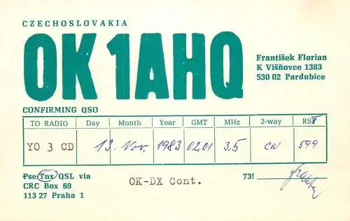 QSL Card Czechoslovakia Radio Amateur Station OK1AHQ Y03CD 1983 Florian Frantisek