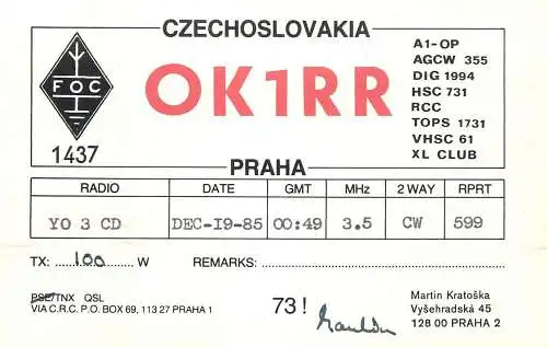 QSL Card Czechoslovakia Radio Amateur Station OK1RR Y03CD 1985 Martin Kratoska