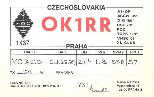 QSL Card Czechoslovakia Radio Amateur Station OK1RR Y03CD 1989 Martin Kratoska
