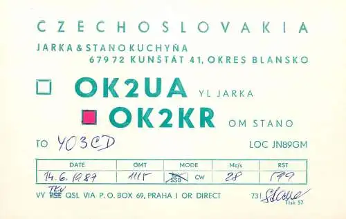QSL Card Czechoslovakia Radio Amateur Station OK2UA Y03CD 1987 Stana
