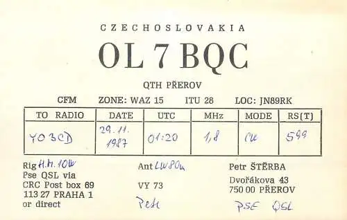 QSL Card Czechoslovakia Radio Amateur Station OL7BQC Y03CD 1987 Petr Sterba