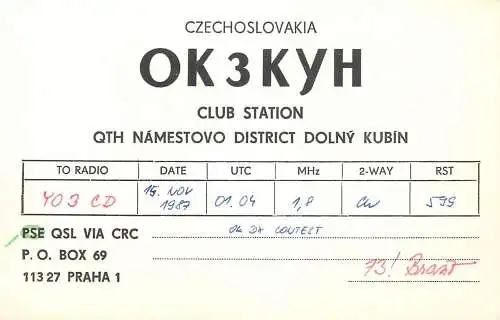 QSL Card Czechoslovakia Radio Amateur Station OK3KYH  Y03CD 1987 Branz