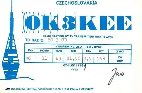QSL Card Czechoslovakia Radio Amateur Station OK3KEE  Y03CD 1983 Jun