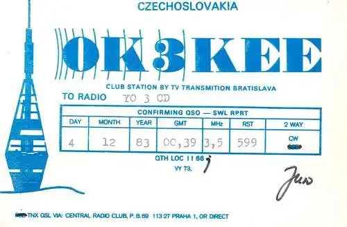 QSL Card Czechoslovakia Radio Amateur Station OK3KEE  Y03CD 1983 Jun