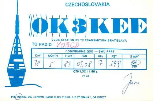 QSL Card Czechoslovakia Radio Amateur Station OK3KEE  Y03CD 1983 Jun