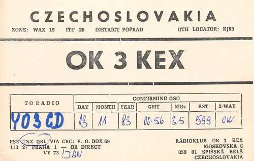 QSL Card Czechoslovakia Radio Amateur Station OK3KEX Y03CD 1983 Bela