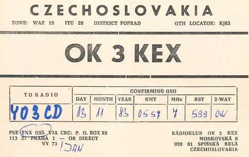 QSL Card Czechoslovakia Radio Amateur Station OK3KEX Y03CD 1983 Bela