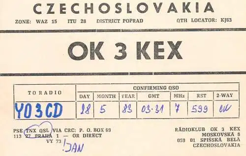 QSL Card Czechoslovakia Radio Amateur Station OK3KEX Y03CD 1983 Bela