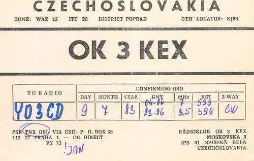 QSL Card Czechoslovakia Radio Amateur Station OK3KEX Y03CD 1983 Bela