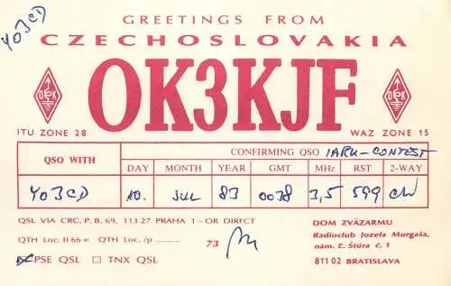 QSL Card Czechoslovakia Radio Amateur Station OK3KJF  Y03CD Dom 1983