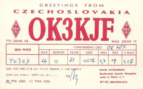 QSL Card Czechoslovakia Radio Amateur Station OK3KJF  Y03CD Dom 1983