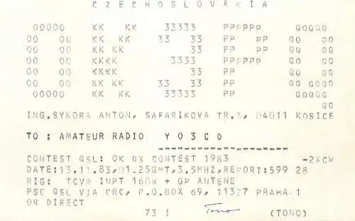 QSL Card Czechoslovakia Radio Amateur Station OK3PQ  Y03CD 1983 Tono