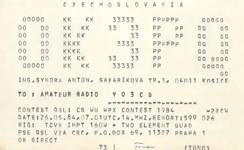 QSL Card Czechoslovakia Radio Amateur Station OK3PO  Y03CD 1983 Toma