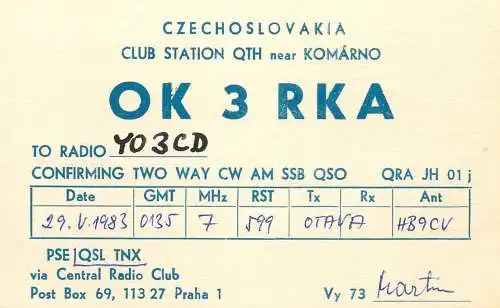 QSL Card Czechoslovakia Radio Amateur Station OK3RKA Y03CD 1983 Martin