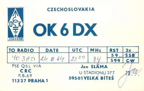 QSL Card Czechoslovakia Radio Amateur Station OK6DX Y03CD 1984 Jan Slama