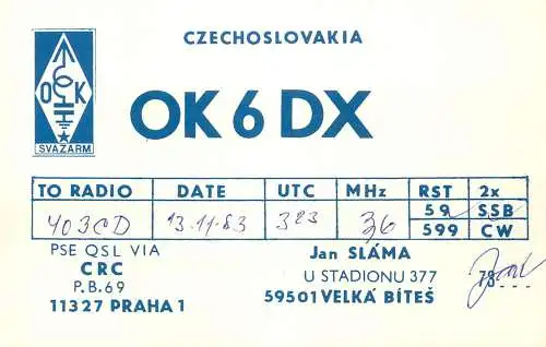 QSL Card Czechoslovakia Radio Amateur Station OK6DX Y03CD 1983 Jan Slama
