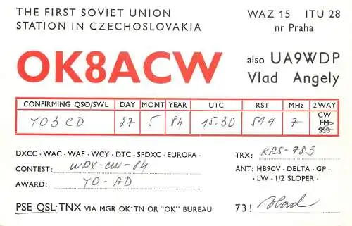 QSL Card Czechoslovakia Radio Amateur Station OK8ACW Y03CD 1984 Vlad Angely