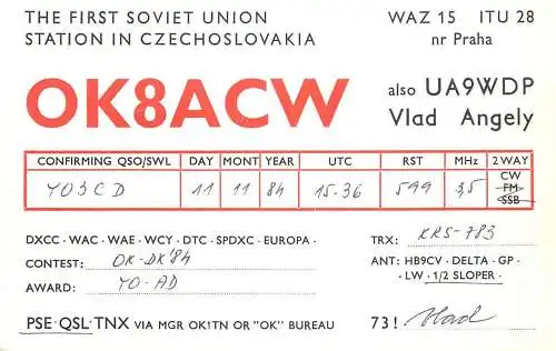 QSL Card Czechoslovakia Radio Amateur Station OK8ACW Y03CD 1984 Vlad Angely