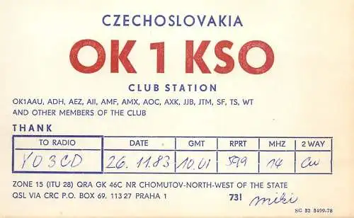 QSL Card Czechoslovakia Radio Amateur Station OK1KSO Y03CD 1983 Miki