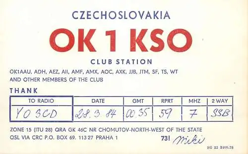 QSL Card Czechoslovakia Radio Amateur Station OK1KSO Y03CD 1984 Miki