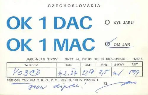 QSL Card Czechoslovakia Radio Amateur Station OK1DAC OK1MAC Y03CD 1983 Jaru Jan Zikovi