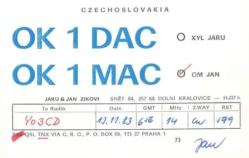 QSL Card Czechoslovakia Radio Amateur Station OK1DAC OK1MAC Y03CD 1983 Jaru Jan Zikovi
