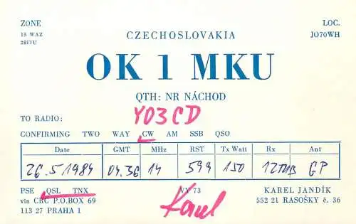 QSL Card Czechoslovakia Radio Amateur Station OK1MKU Y03CD 1983 Karel Jandik