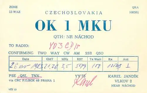 QSL Card Czechoslovakia Radio Amateur Station OK1MKU Y03CD 1983 Karel Jandik
