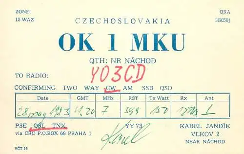 QSL Card Czechoslovakia Radio Amateur Station OK1MKU Y03CD 1983 Karel Jandik