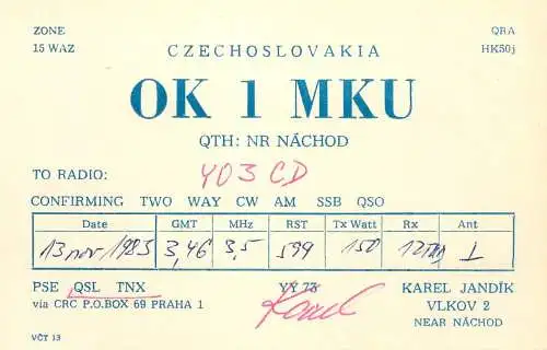 QSL Card Czechoslovakia Radio Amateur Station OK1MKU Y03CD 1983 Karel Jandik