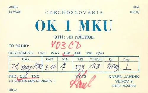 QSL Card Czechoslovakia Radio Amateur Station OK1MKU Y03CD 1983 Karel Jandik