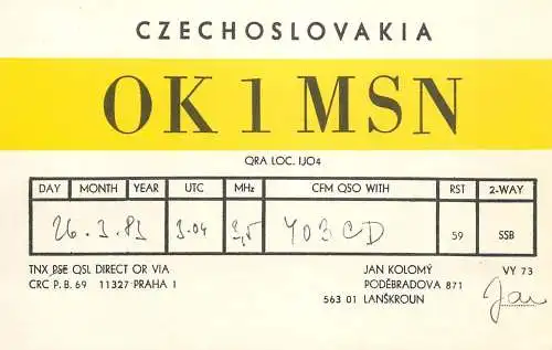 QSL Card Czechoslovakia Radio Amateur Station OK1MSN Y03CD 1983