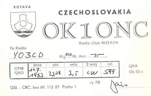QSL Card Czechoslovakia Radio Amateur Station OK1ONC Y03CD 1983