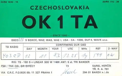 QSL Card Czechoslovakia Radio Amateur Station OK1TA Y03CD 1983 Karel Hercik