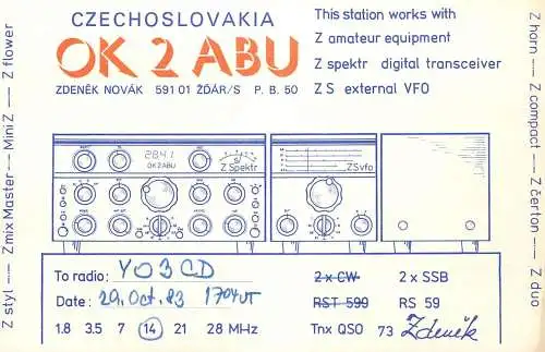 QSL Card Czechoslovakia Radio Amateur Station OK2ABU Y03CD 1983 Zdenek