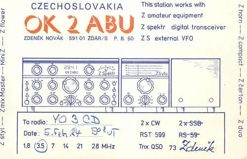 QSL Card Czechoslovakia Radio Amateur Station OK2ABU Y03CD 1983 Zdenek