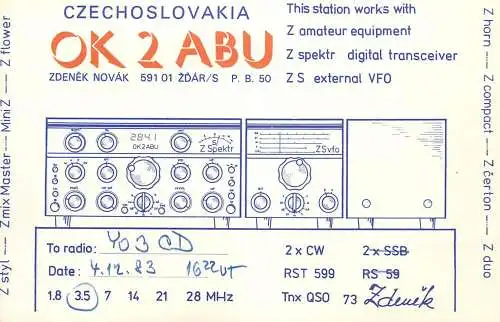QSL Card Czechoslovakia Radio Amateur Station OK2ABU Y03CD 1983 Zdenek