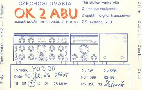 QSL Card Czechoslovakia Radio Amateur Station OK2ABU Y03CD 1983 Zdenek