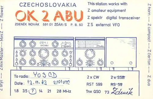 QSL Card Czechoslovakia Radio Amateur Station OK2ABU Y03CD 1983 Zdenek
