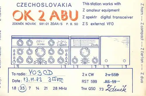 QSL Card Czechoslovakia Radio Amateur Station OK2ABU Y03CD 1983 Zdenek