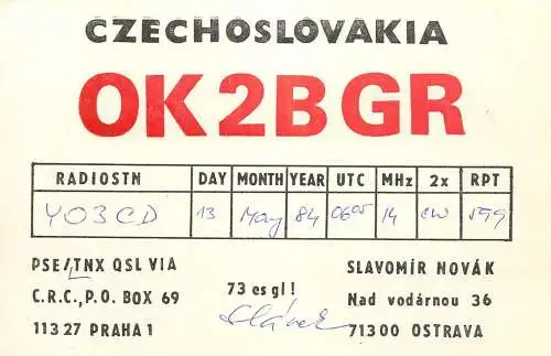 QSL Card Czechoslovakia Radio Amateur Station OK2BGR Y03CD 1984 Slavomir