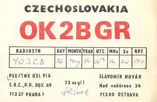 QSL Card Czechoslovakia Radio Amateur Station OK2BGR Y03CD 1984 Slavomir