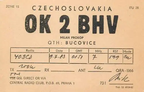 QSL Card Czechoslovakia Radio Amateur Station OK2BHV Y03CD 1983 Milan